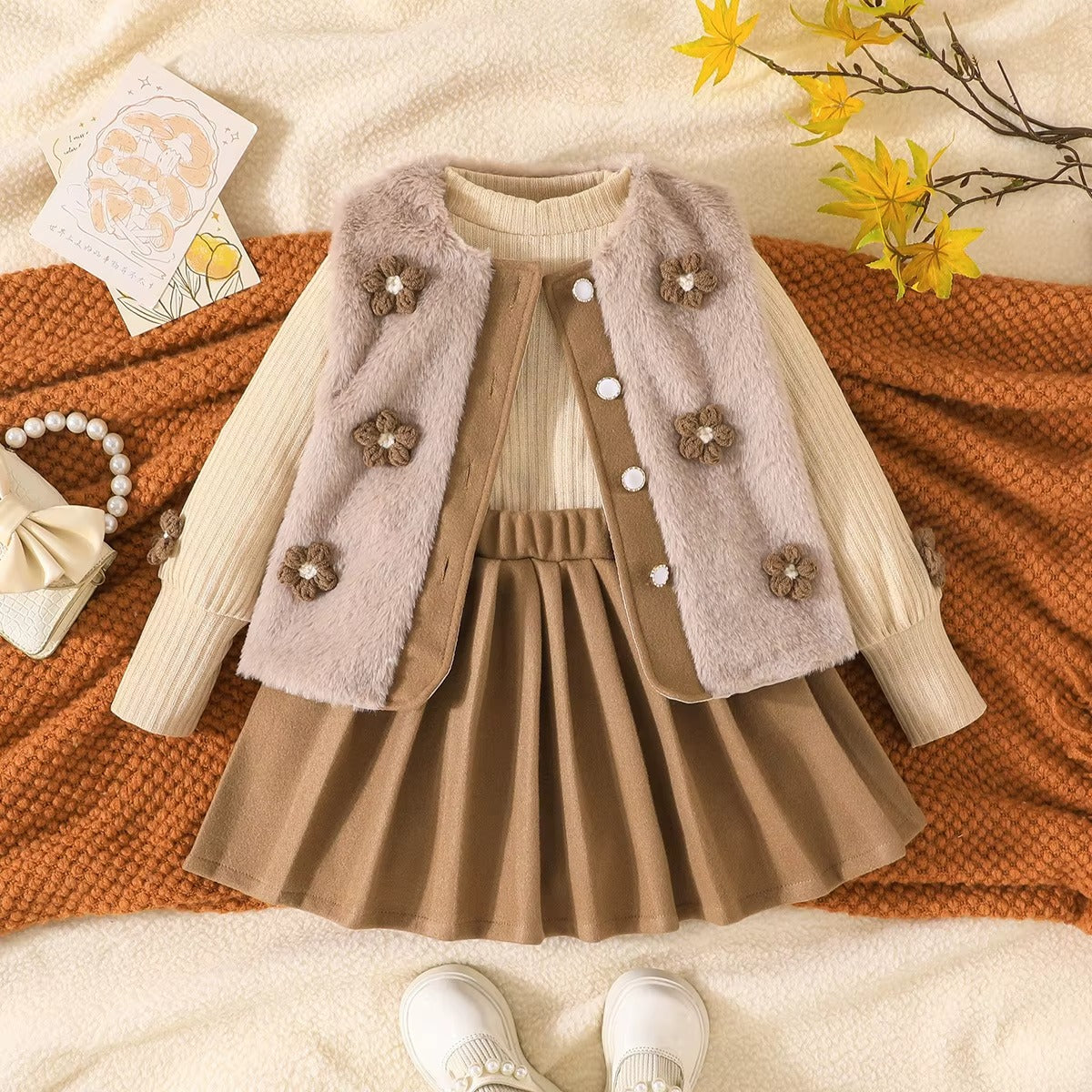 Girls Sweet Floral Plush Vest Top Pleated Skirt Winter Outfit Set
