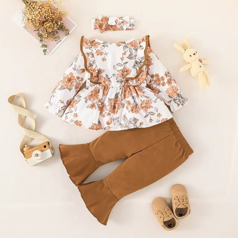 Girls 3Pcs Flower Print Top + Pants + Headband Baby Clothes Set
