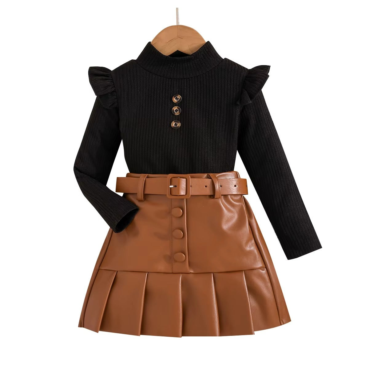 Girls Ribbed Knit Top & Leather Pleated Skirt 2Pcs Set