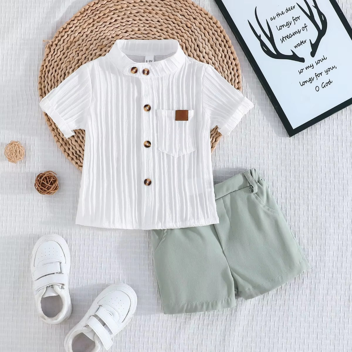 Baby Boys White Striped Shirt + Khaki Shorts 2Pcs Summer Set