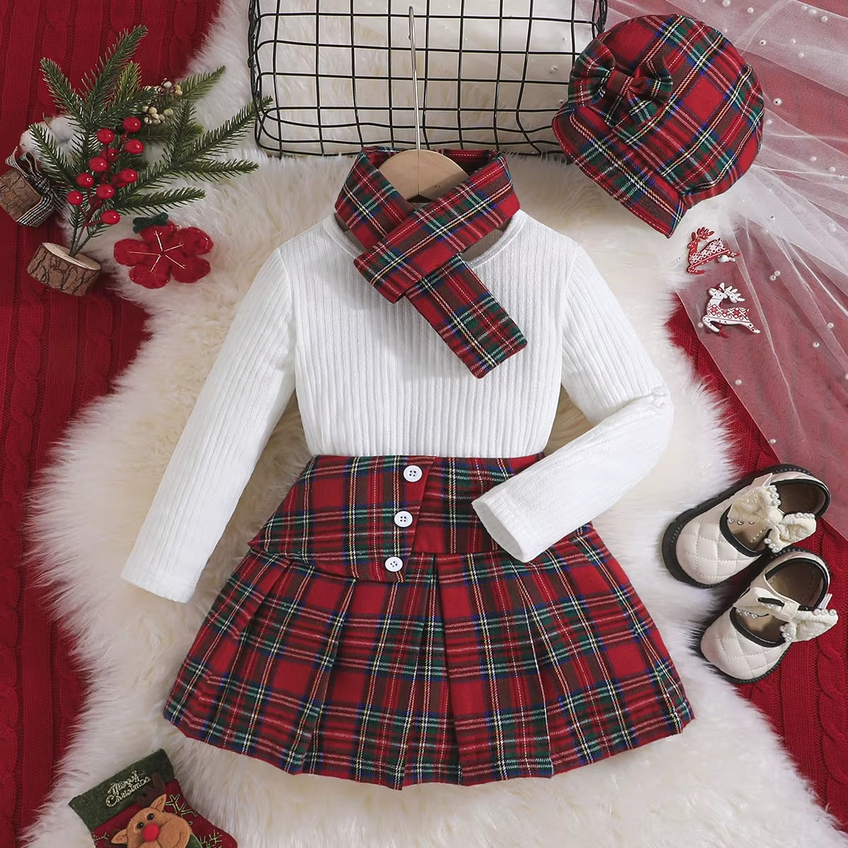 Girls Red Plaid Christmas Skirt & Hat 3Pcs Winter Set
