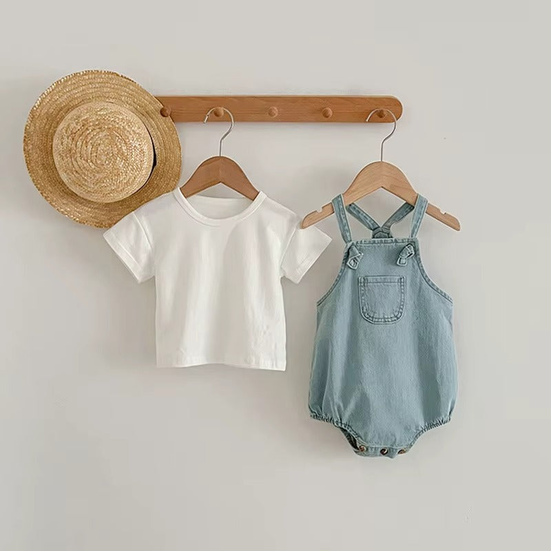 Baby Cotton Denim Short Sleeve Romper Summer Bodysuit