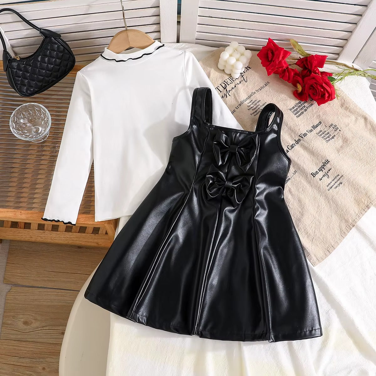 Girls White Top + Black Leather Suspender Skirt 2Pcs Set