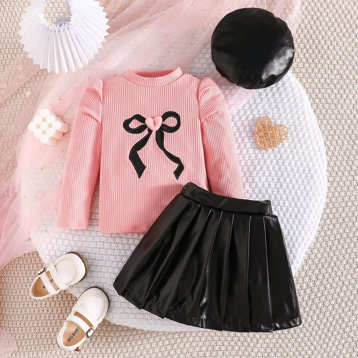Girls Bow Print PU Leather Pleated Skirt Long Sleeve 2Pcs Set