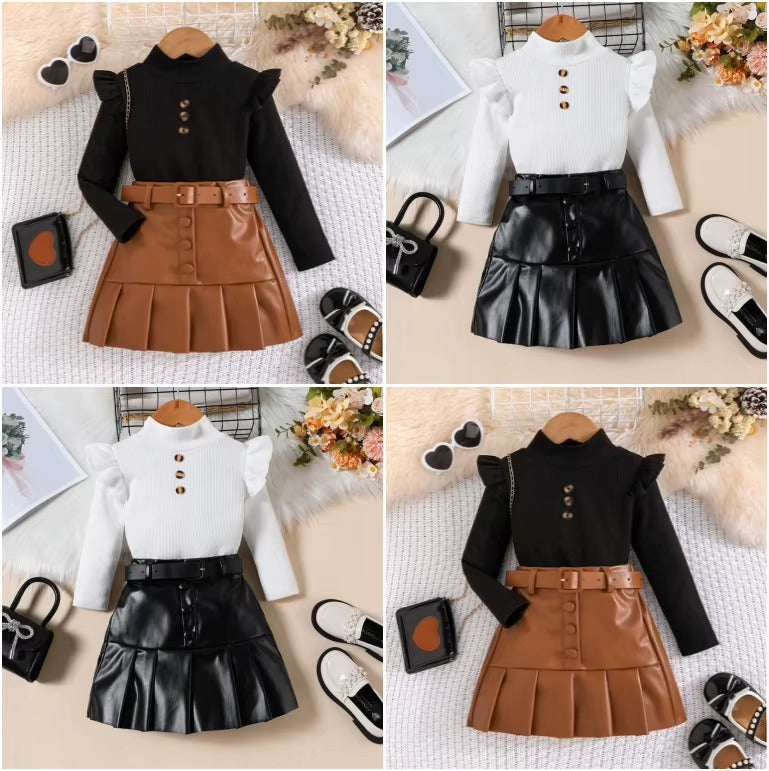 Girls Ribbed Knit Top & Leather Pleated Skirt 2Pcs Set