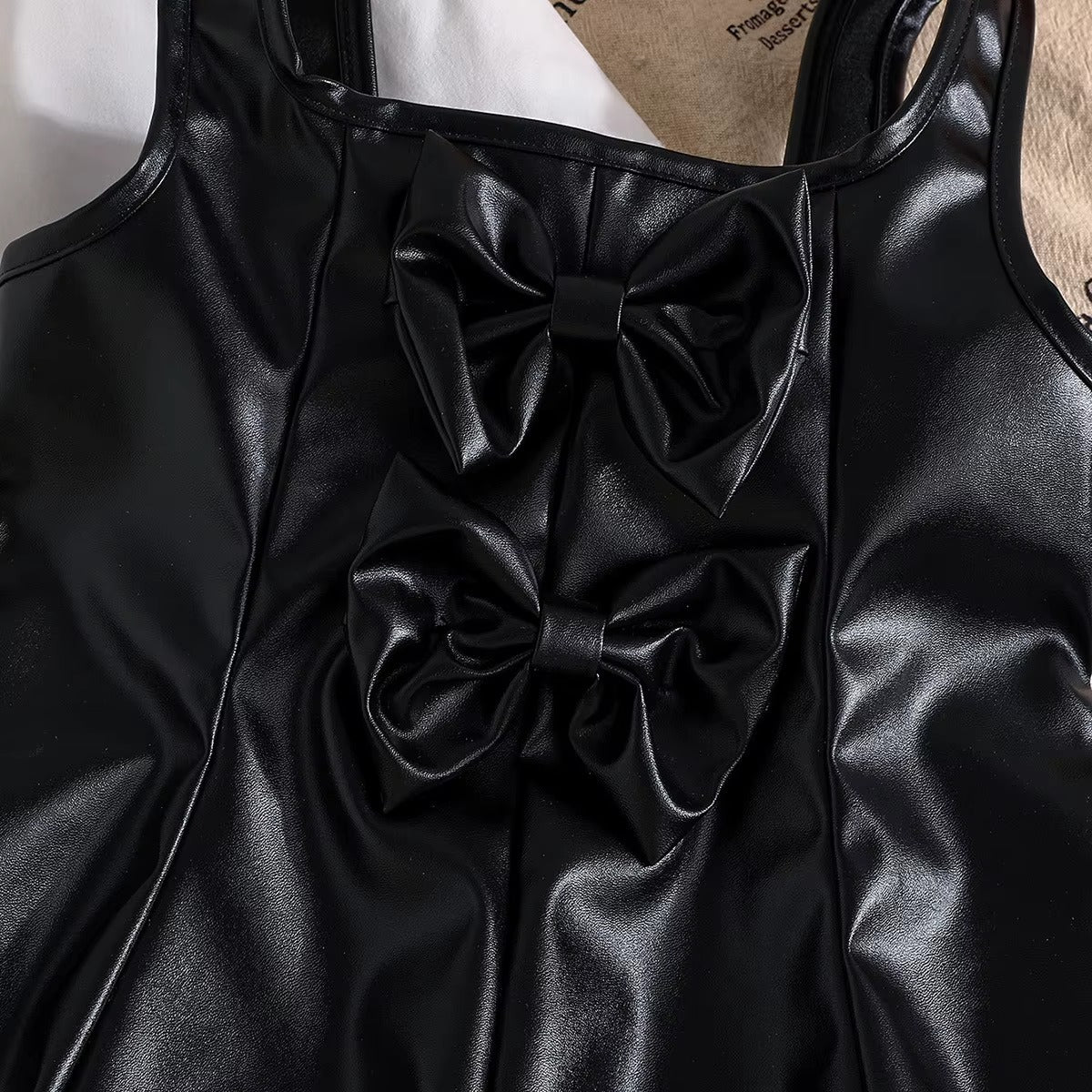 Girls White Top + Black Leather Suspender Skirt 2Pcs Set