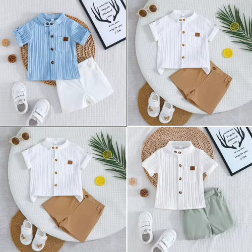Baby Boys White Striped Shirt + Khaki Shorts 2Pcs Summer Set