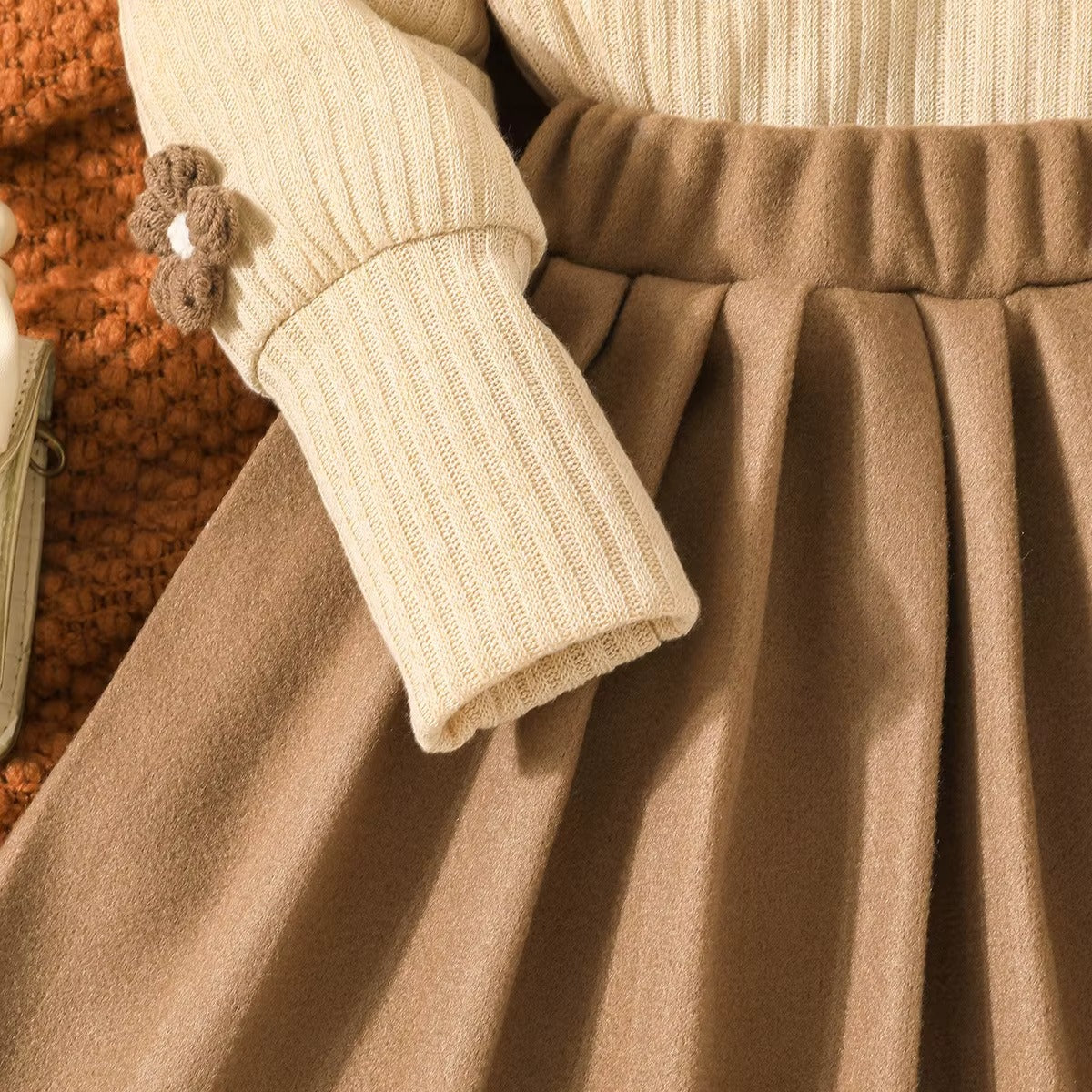 Girls Sweet Floral Plush Vest Top Pleated Skirt Winter Outfit Set