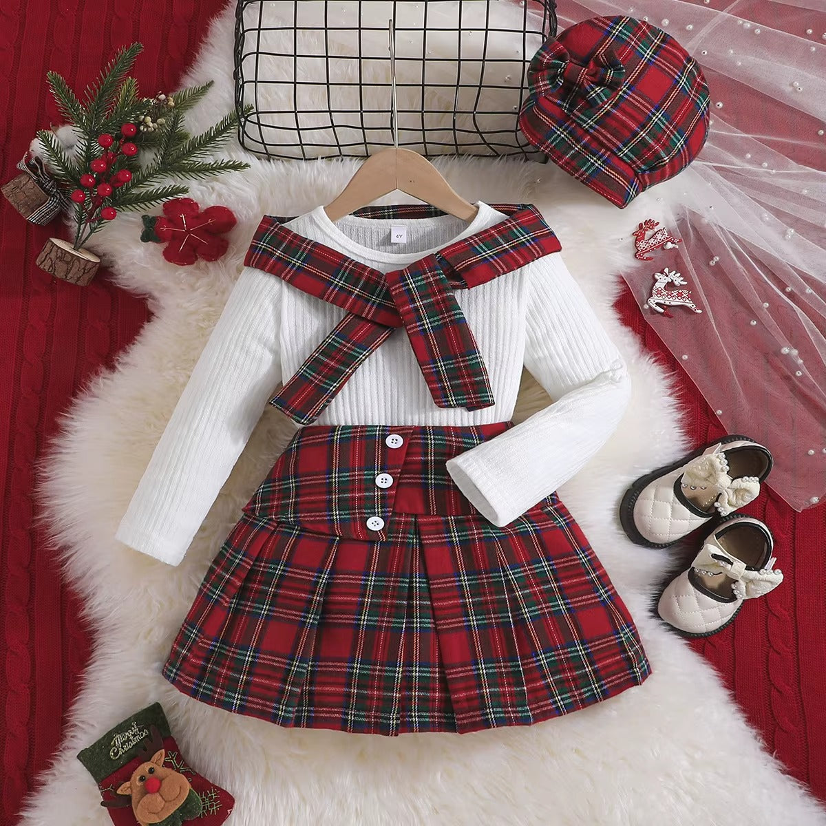Girls Red Plaid Christmas Skirt & Hat 3Pcs Winter Set