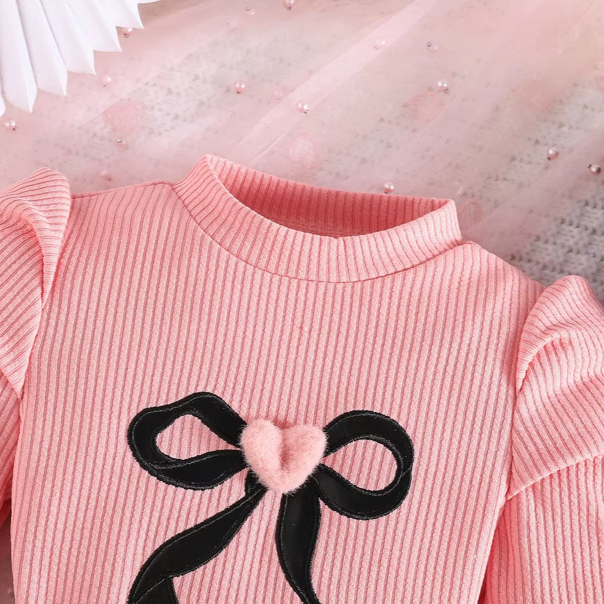 Girls Bow Print PU Leather Pleated Skirt Long Sleeve 2Pcs Set