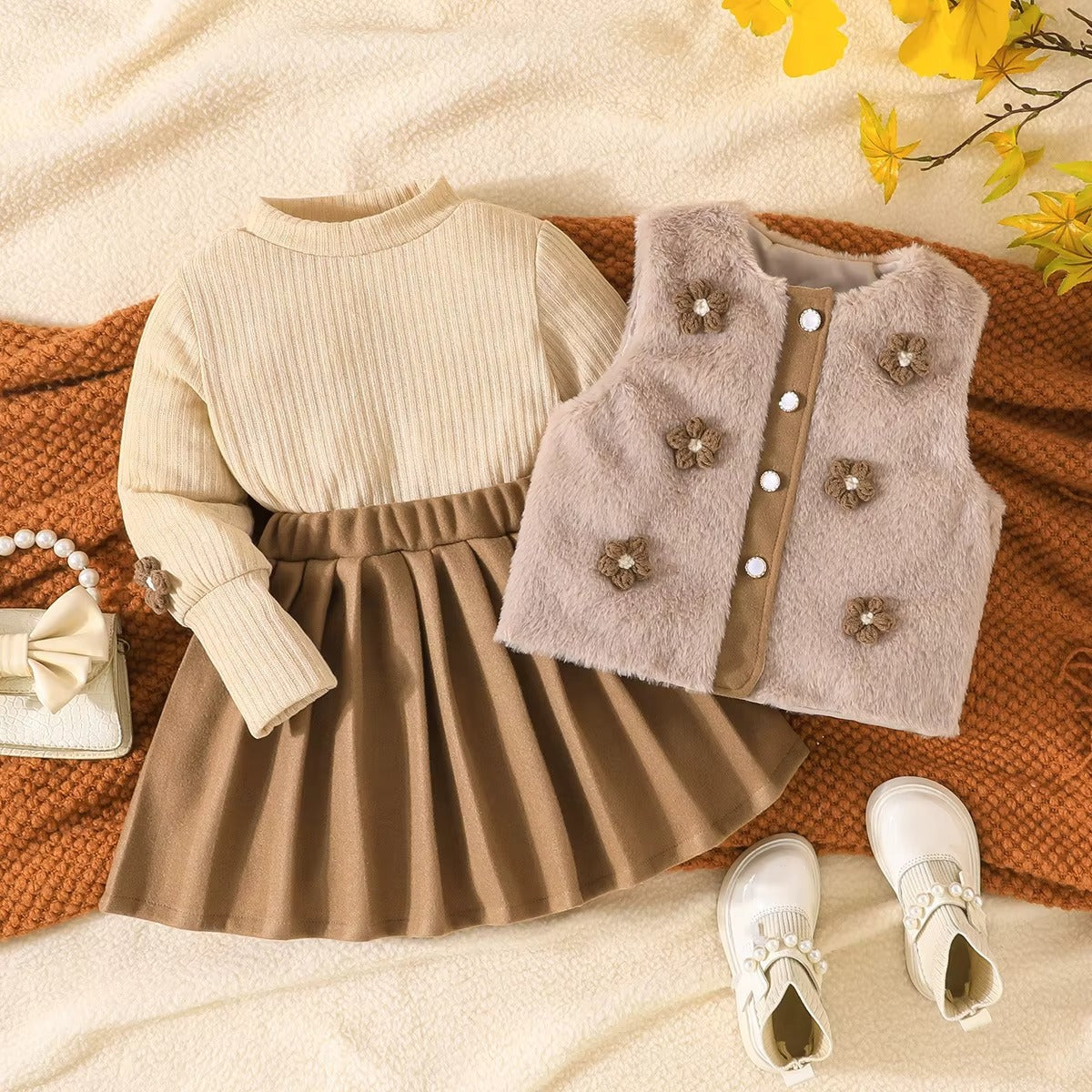Girls Sweet Floral Plush Vest Top Pleated Skirt Winter Outfit Set