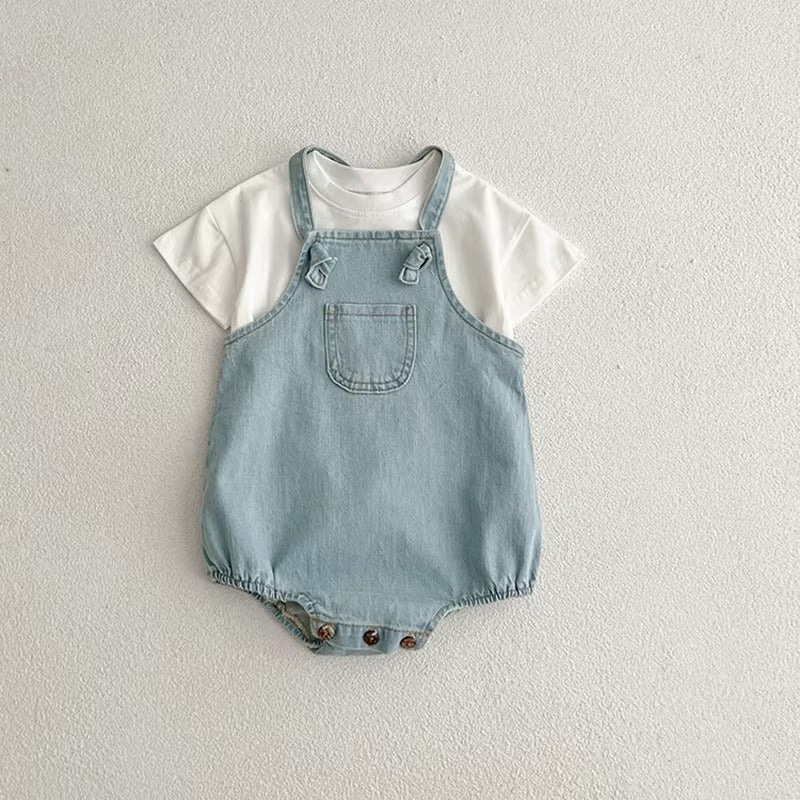 Baby Cotton Denim Short Sleeve Romper Summer Bodysuit