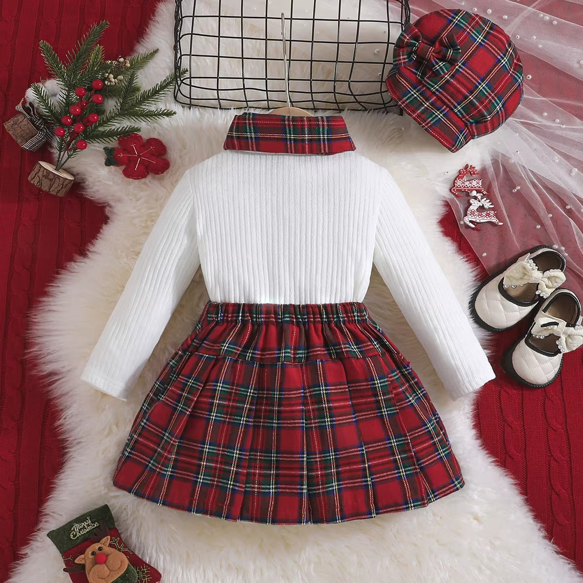 Girls Red Plaid Christmas Skirt & Hat 3Pcs Winter Set