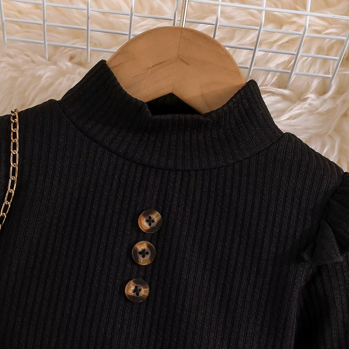 Girls Ribbed Knit Top & Leather Pleated Skirt 2Pcs Set