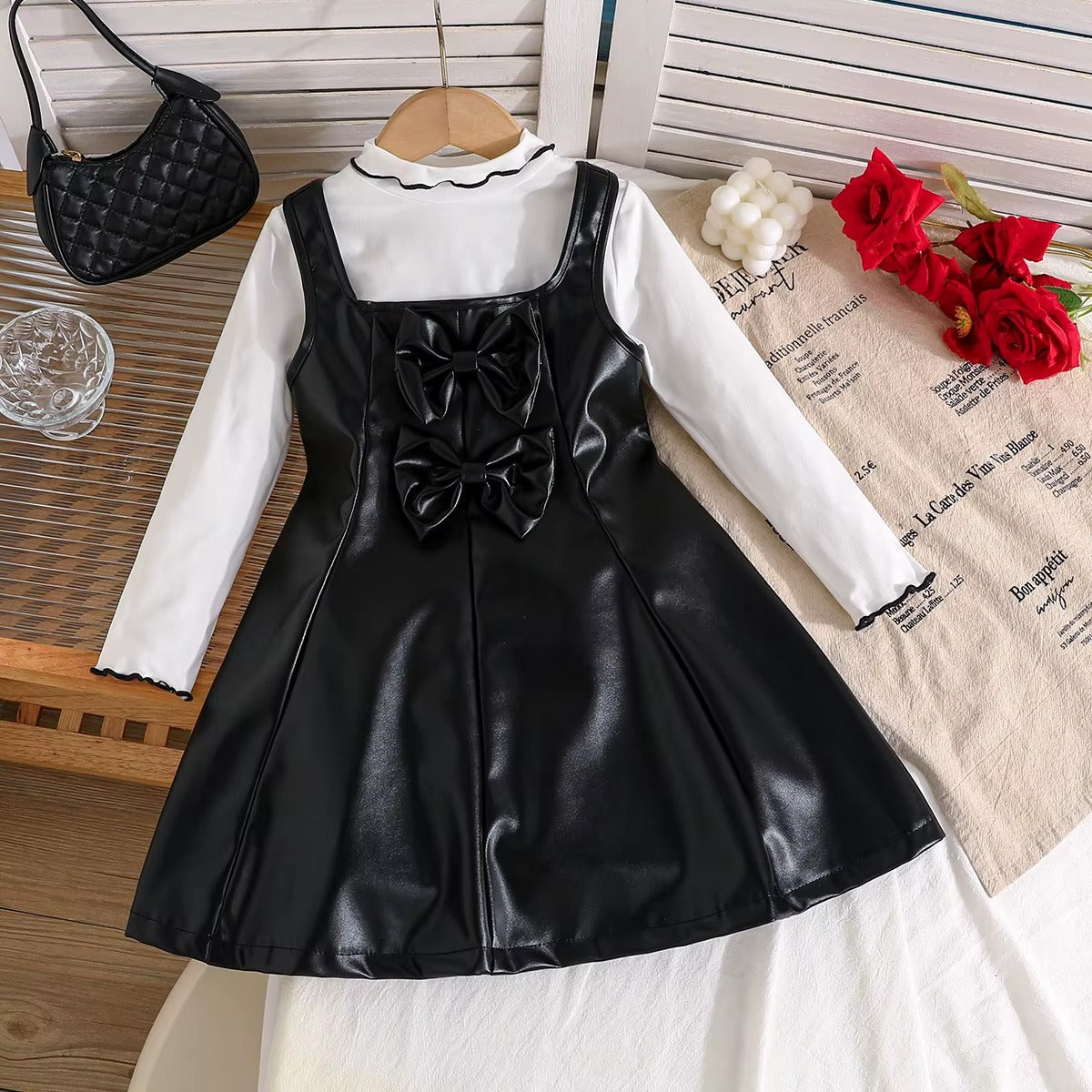 Girls White Top + Black Leather Suspender Skirt 2Pcs Set