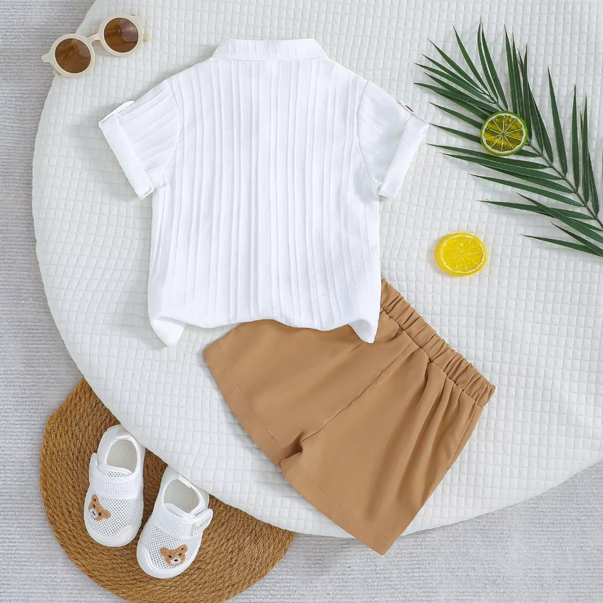 Baby Boys White Striped Shirt + Khaki Shorts 2Pcs Summer Set