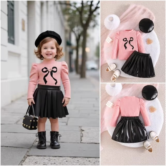 Girls Bow Print PU Leather Pleated Skirt Long Sleeve 2Pcs Set