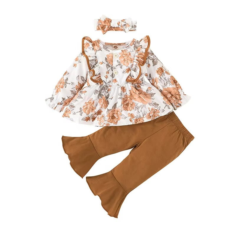 Girls 3Pcs Flower Print Top + Pants + Headband Baby Clothes Set