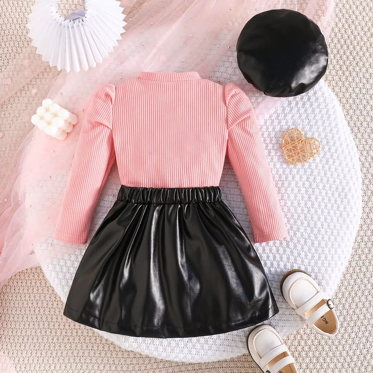 Girls Bow Print PU Leather Pleated Skirt Long Sleeve 2Pcs Set
