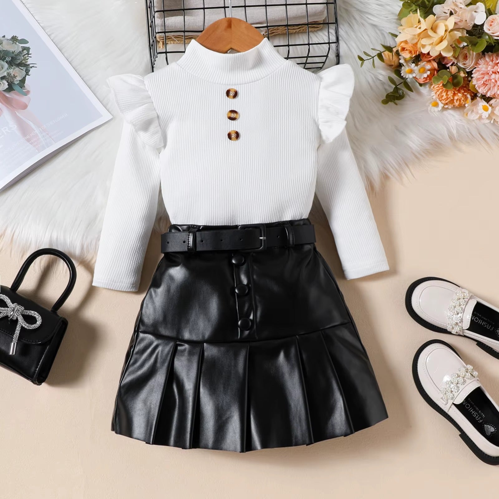 Girls Ribbed Knit Top & Leather Pleated Skirt 2Pcs Set