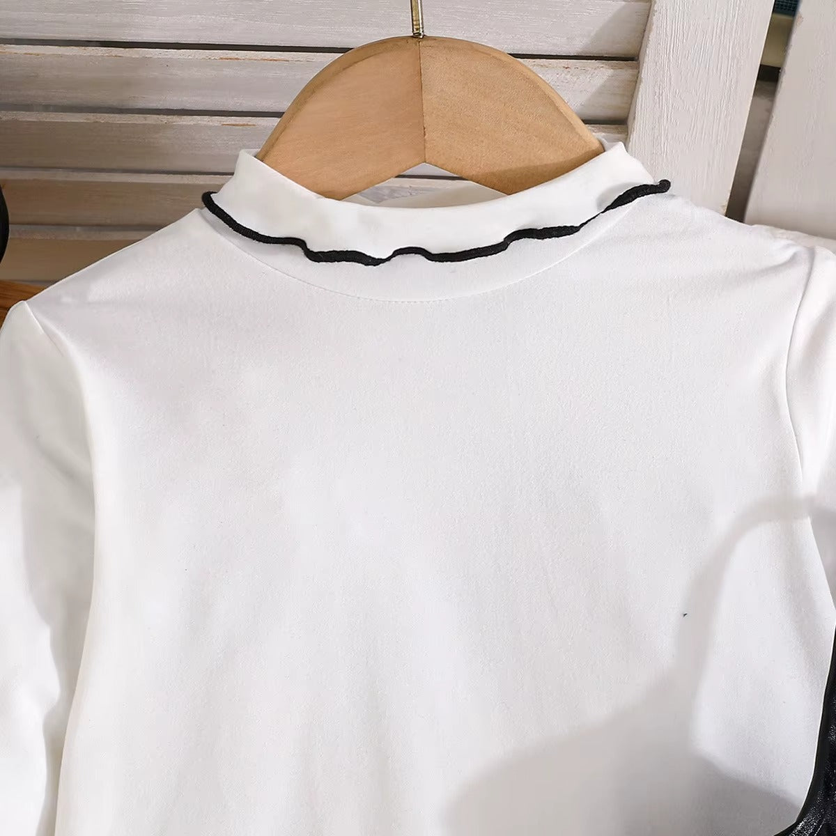 Girls White Top + Black Leather Suspender Skirt 2Pcs Set