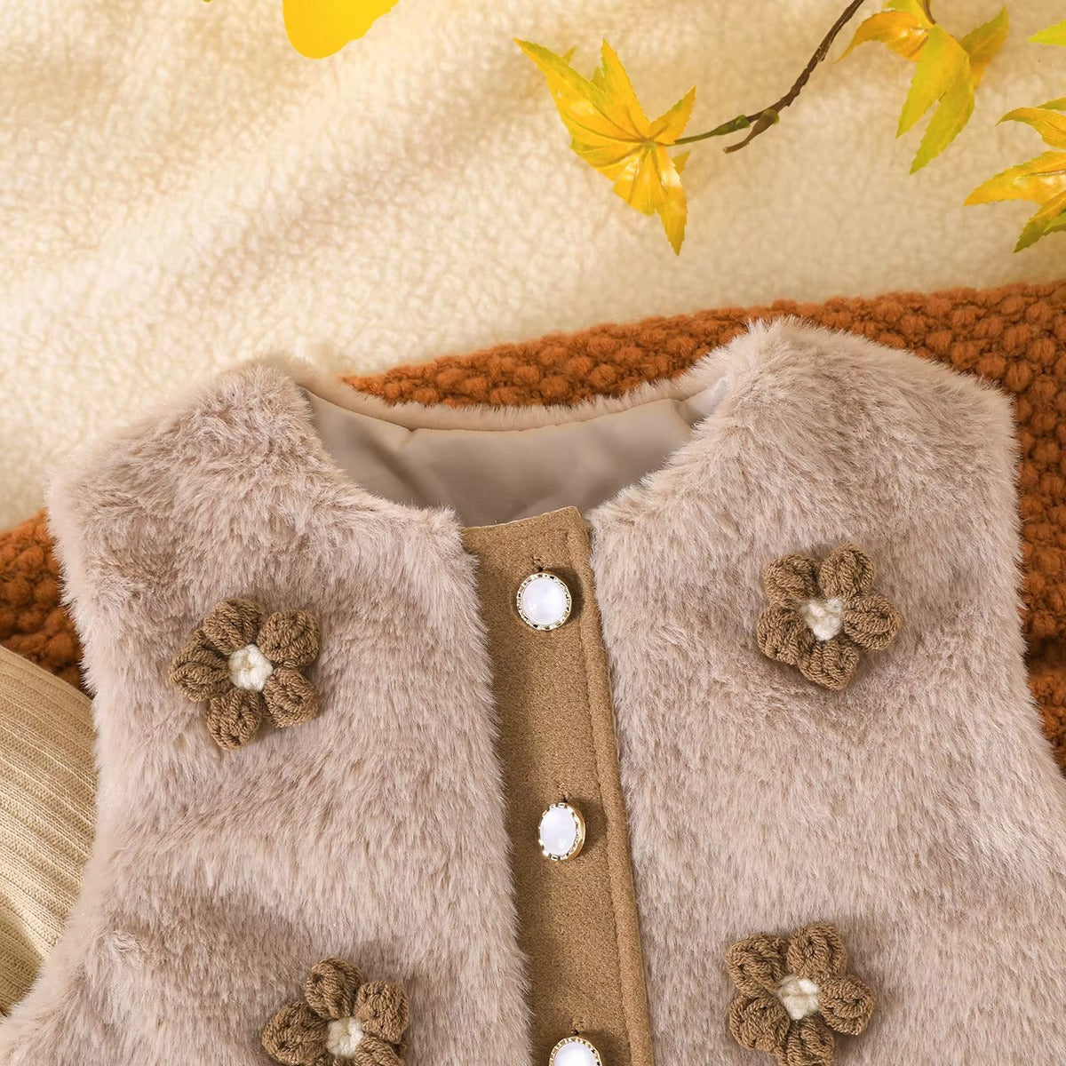 Girls Sweet Floral Plush Vest Top Pleated Skirt Winter Outfit Set