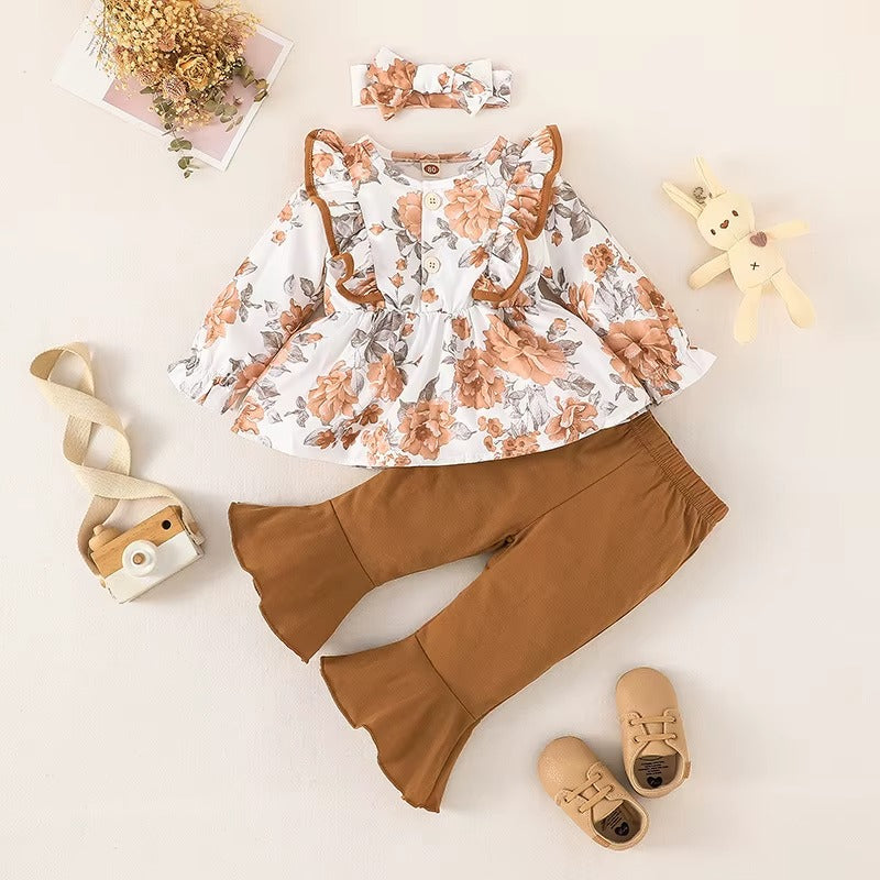 Girls 3Pcs Flower Print Top + Pants + Headband Baby Clothes Set
